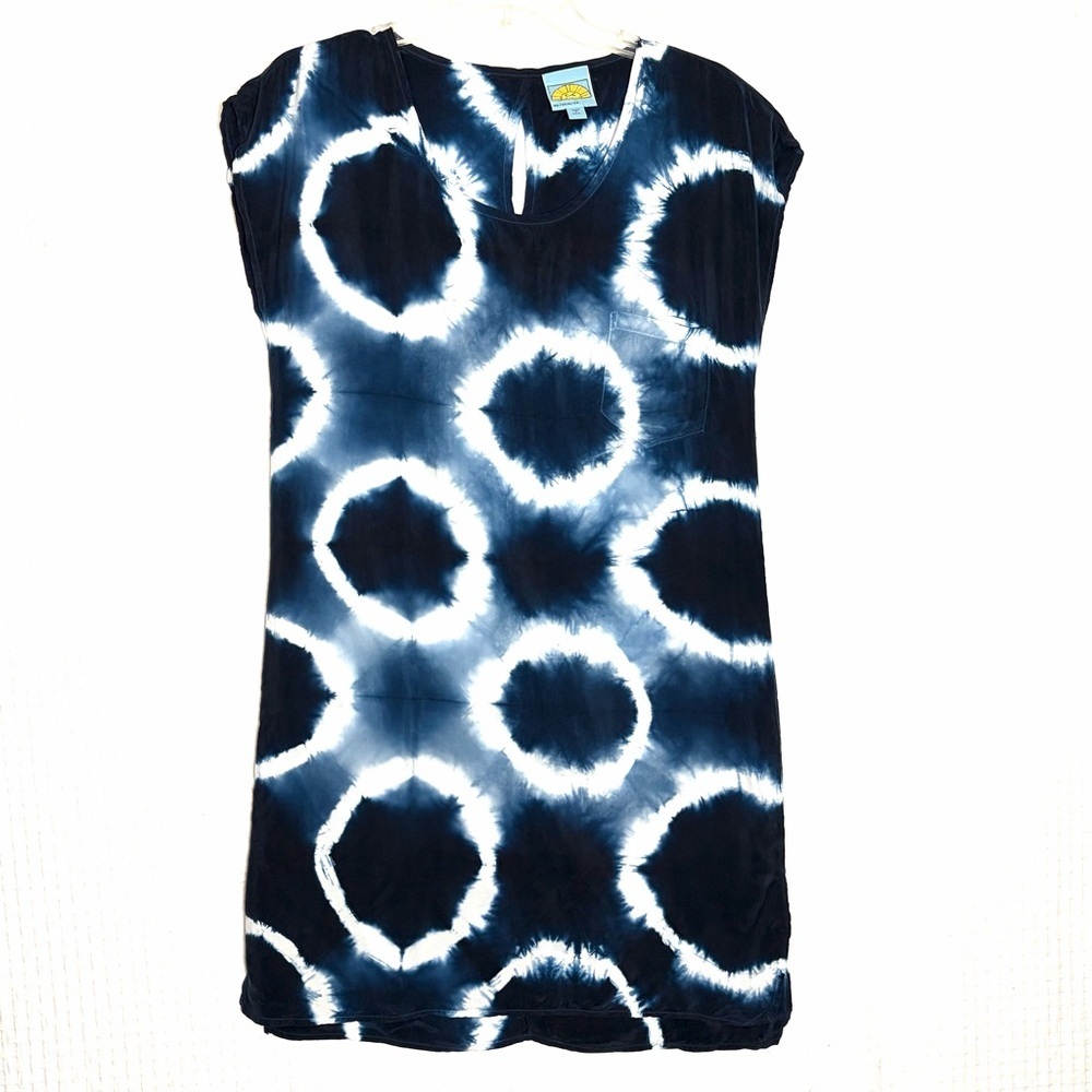 C&C California Mini Shift Dress Blue Tie Dye Coastal Pullover Side Slits Size XS